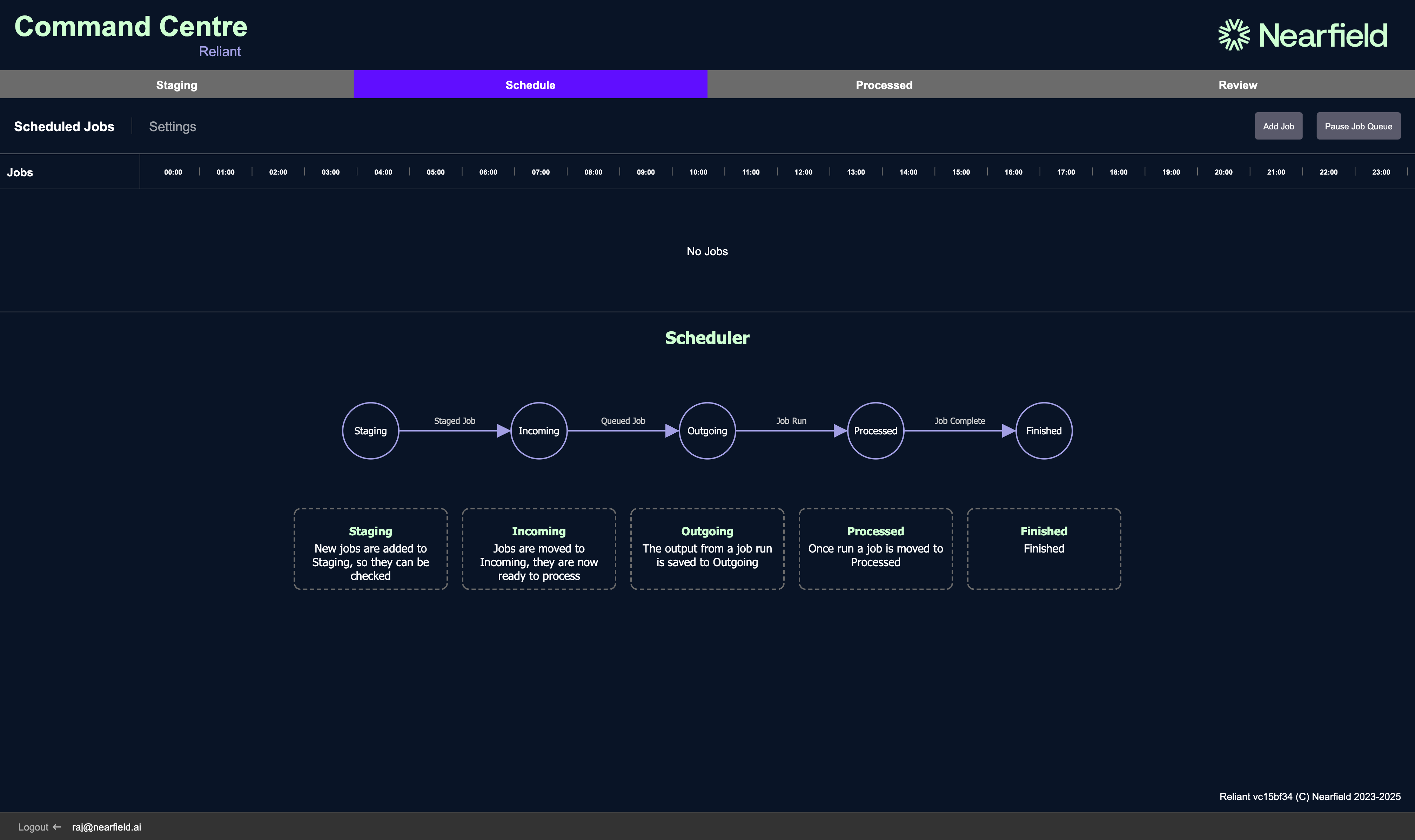 Screenshot of the Nearfield Reliant Command Centre Interface for AI Agent Management